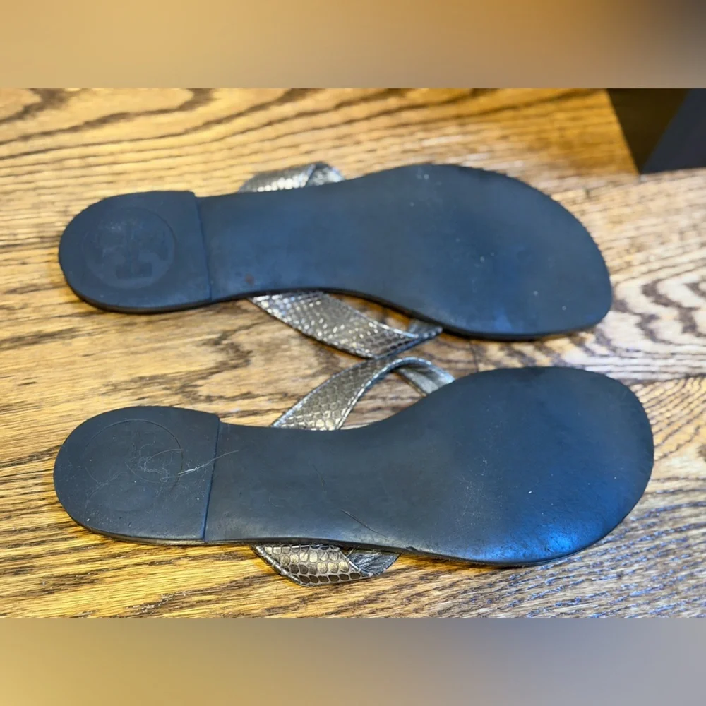 Tory Burch Bronze/Silver Metallic Silver Snakeskin Flip Flops